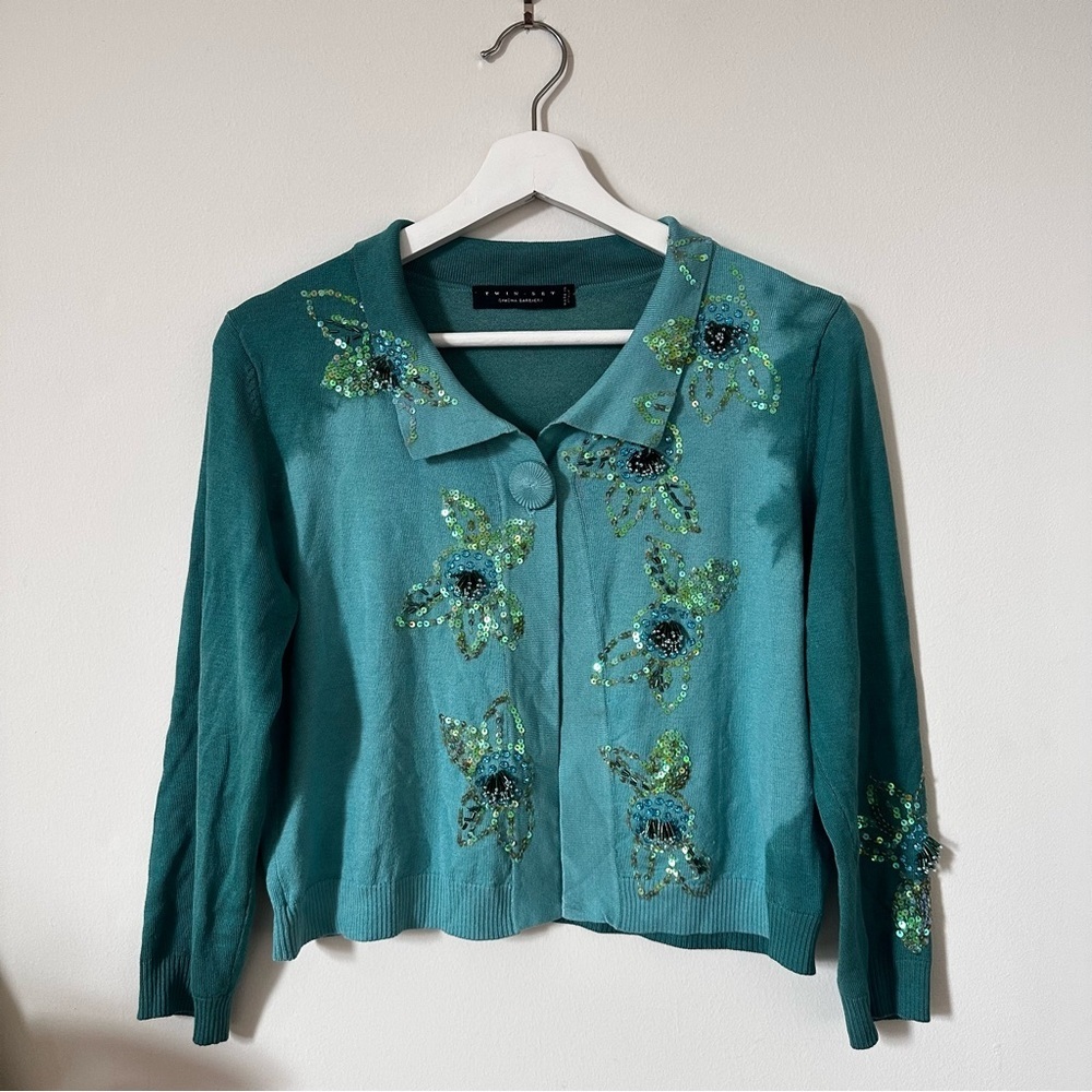 Twin Set Sequin Cardigan Green Silk Blend Cropped Button Front Size M